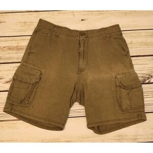 Trailer Men's 36 Cargo Shorts‎ Khaki Olive Drawstring Zip 55% Linen 45% Cotton